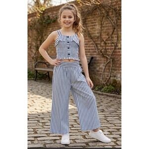 Japna Kids Girls Blue White Striped 2 Piece Set Smocked Top Wide Leg Pants 12